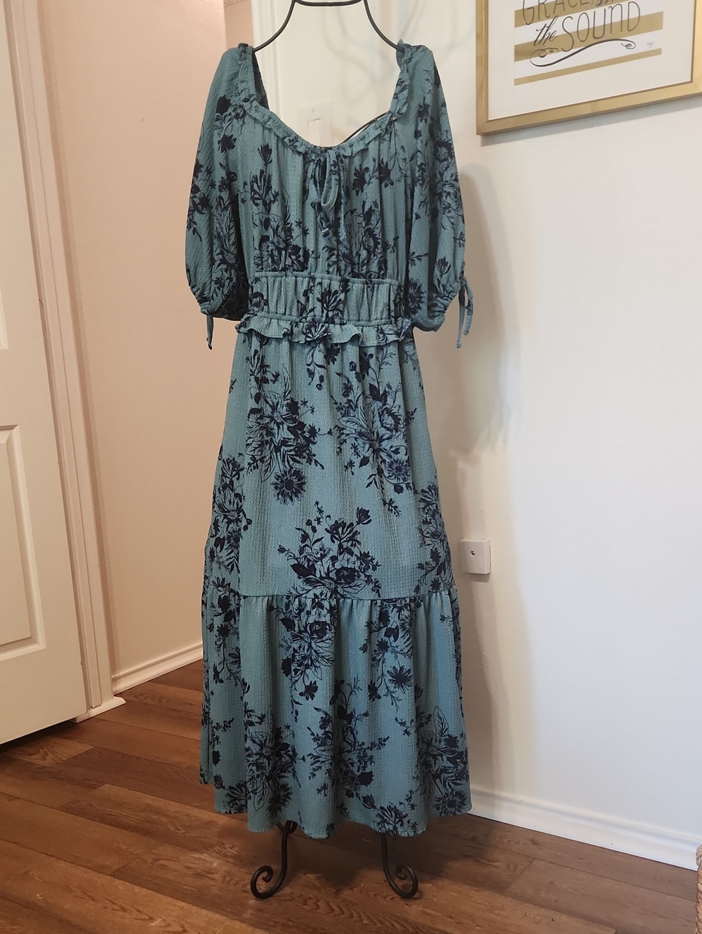 Teal Maxi Dress with Navy Floral Print